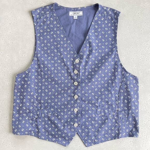 Cherokee Tops - Vintage Cherokee Light Dusty Blue & White Floral Print Cotton Button Front Vest